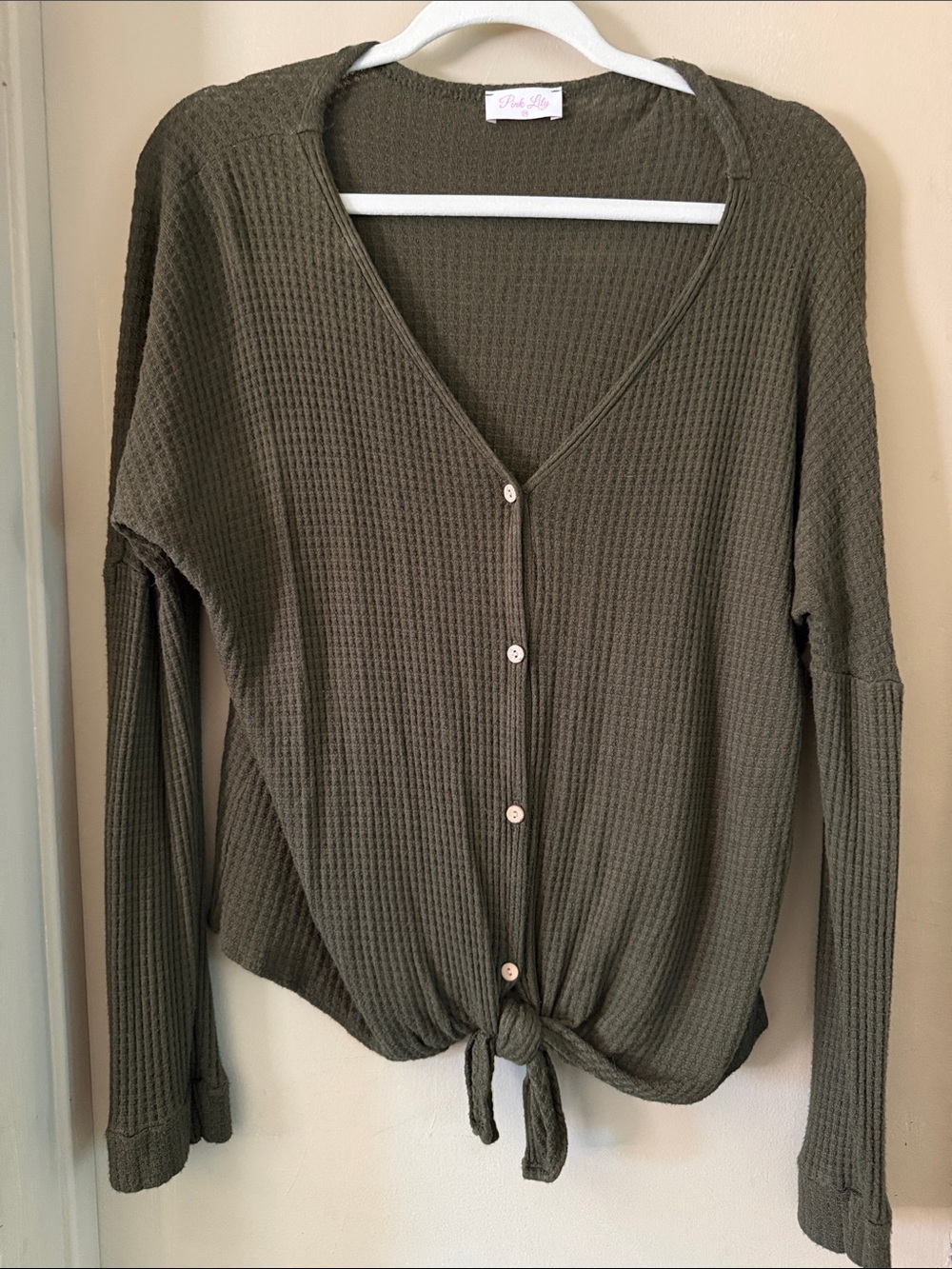 Pink Lily Olive Green Waffle-Knit Button-Front Tie-Hem Top
